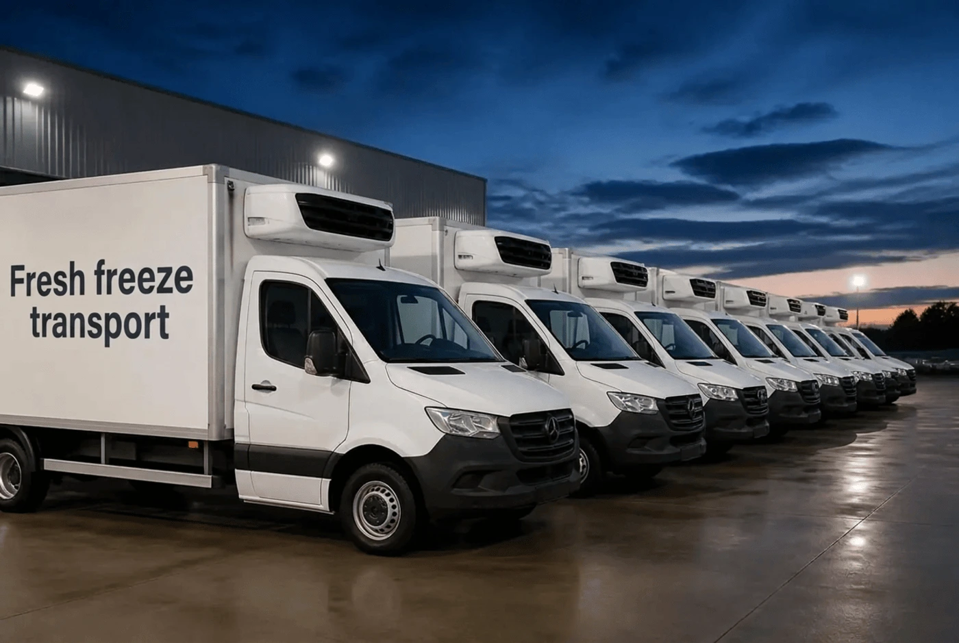 Row of white FreshFreeze refrigerated chiller vans parked at a UAE logistics depot ready for same-day dispatch