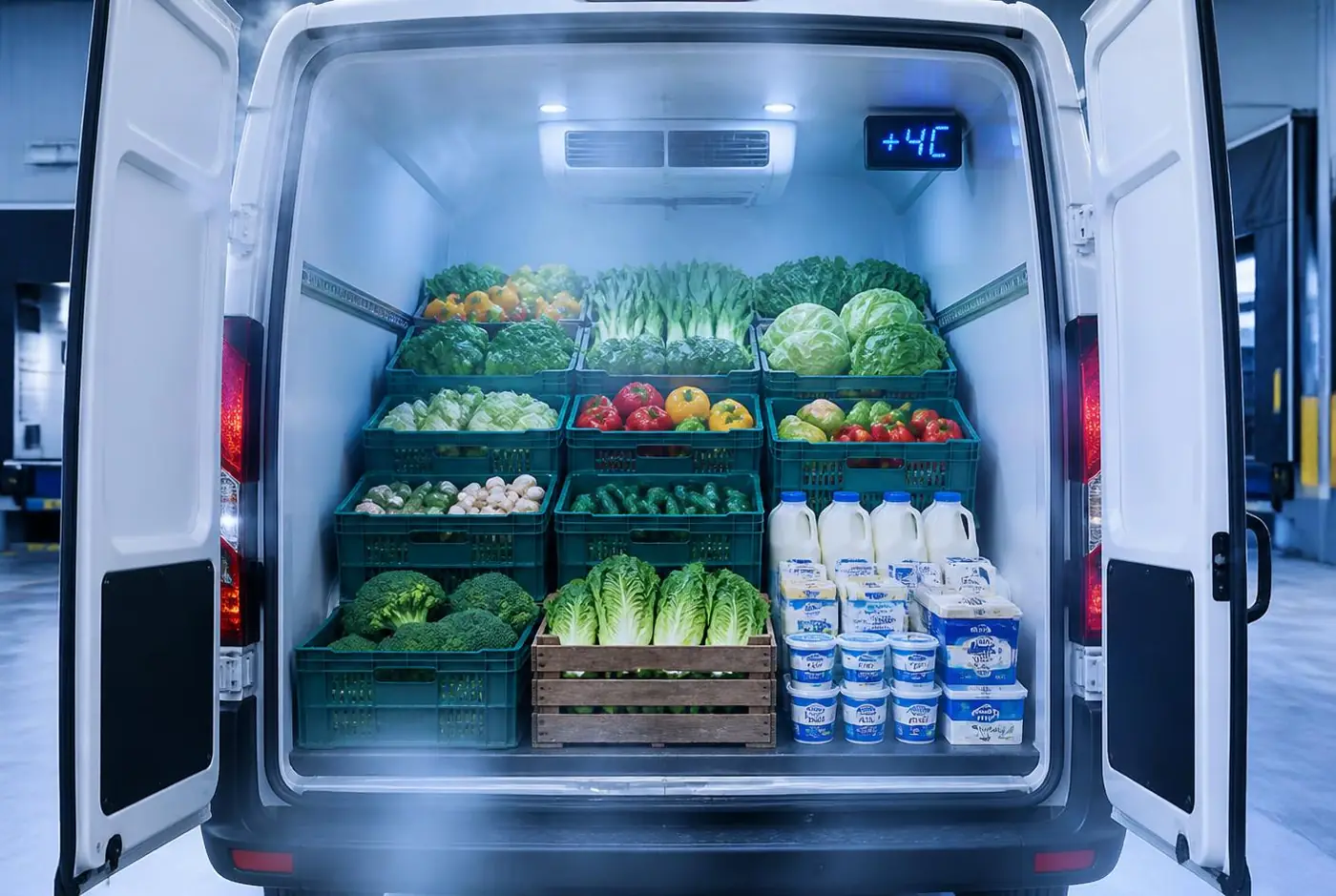 Chiller van in the UAE loaded with crates of fresh vegetables, fruit and dairy held at +4°C