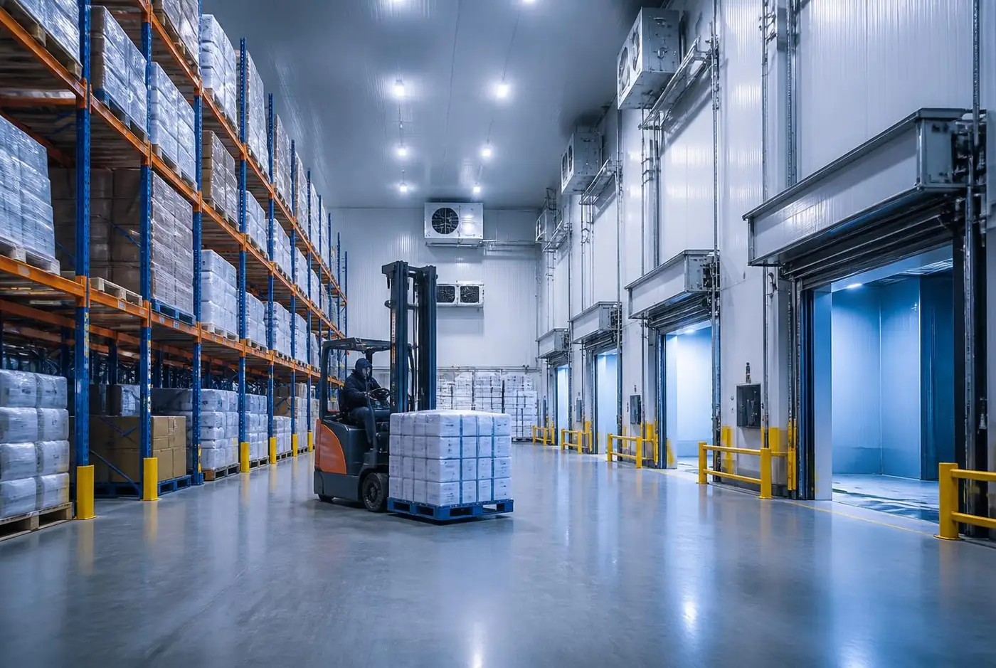 Cold storage warehouse in the UAE with racked frozen pallets, refrigerated loading docks and a forklift operator