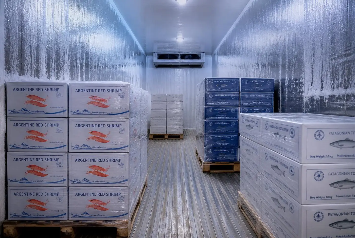 Frost-lined freezer truck cargo hold in the UAE stacked with pallets of frozen seafood cartons at -18°C