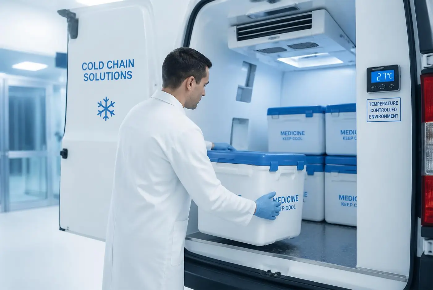 Technician loading validated medicine cool boxes into a GDP-compliant pharmaceutical cold chain van in the UAE