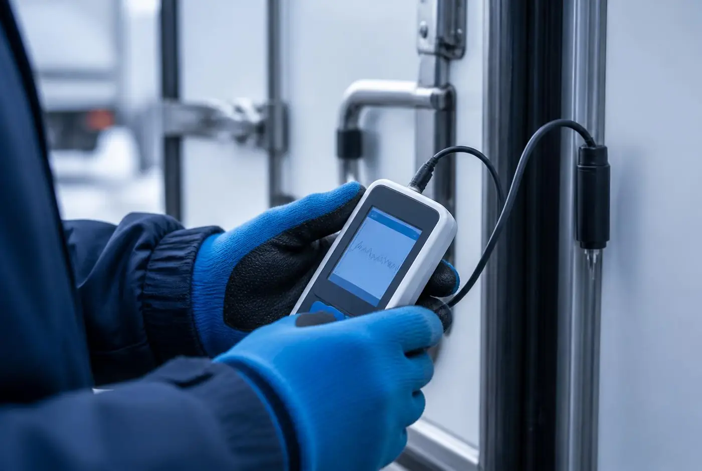 Gloved driver checking a digital temperature data logger at the door of a refrigerated truck for HACCP records